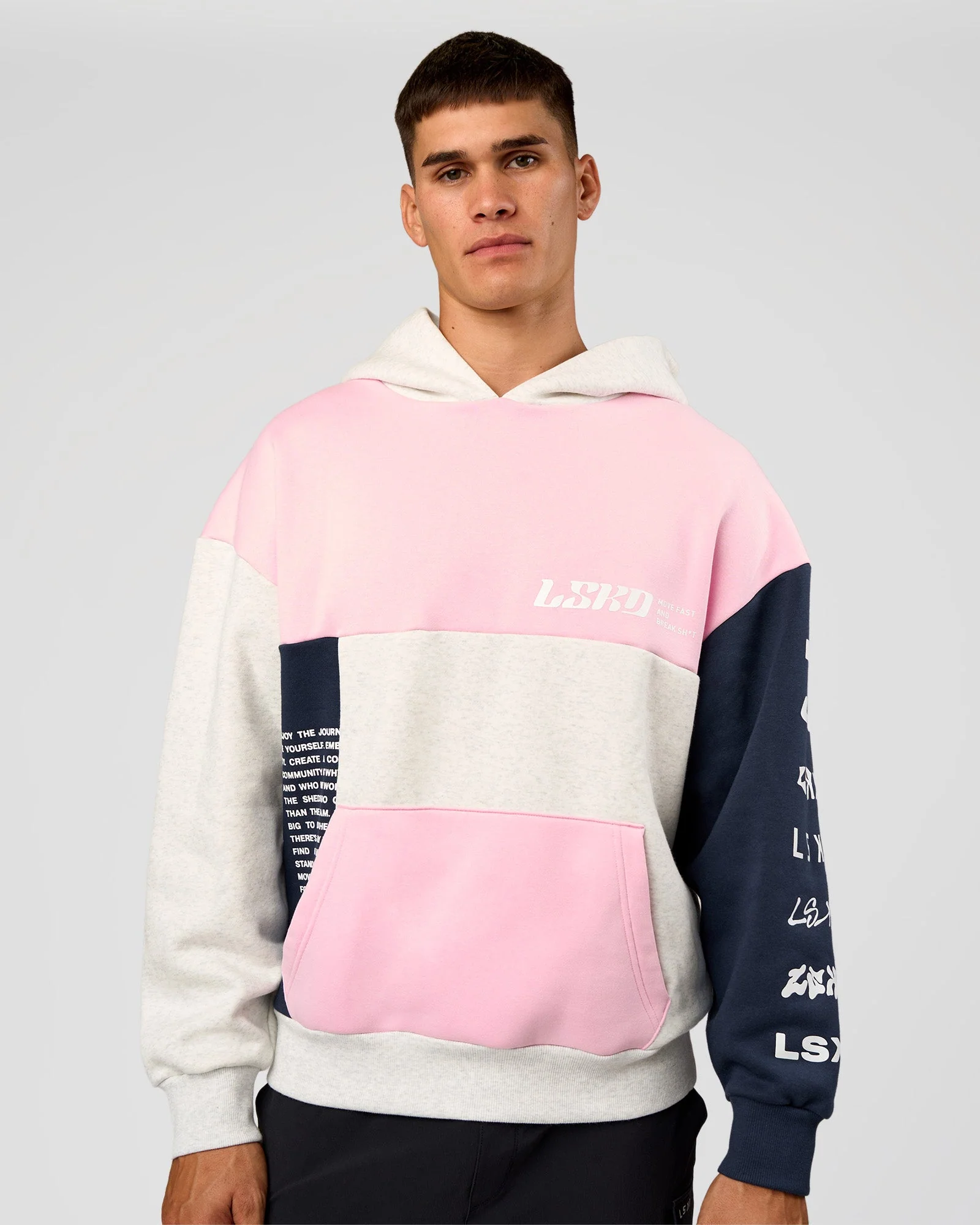 Deconstructed Fleece Hoodie - Grey Marl-Marshmallow-Navy - Image 2