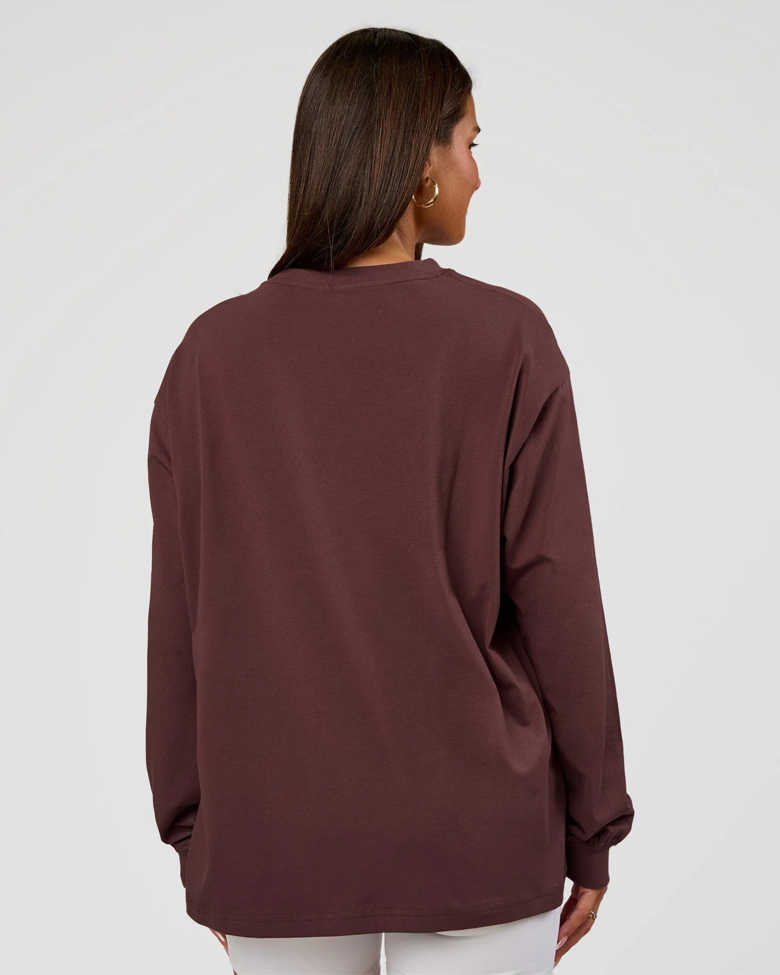 Go-To Long Sleeve FLXCotton Oversized Tee - Cocoa Powder-White - Image 3