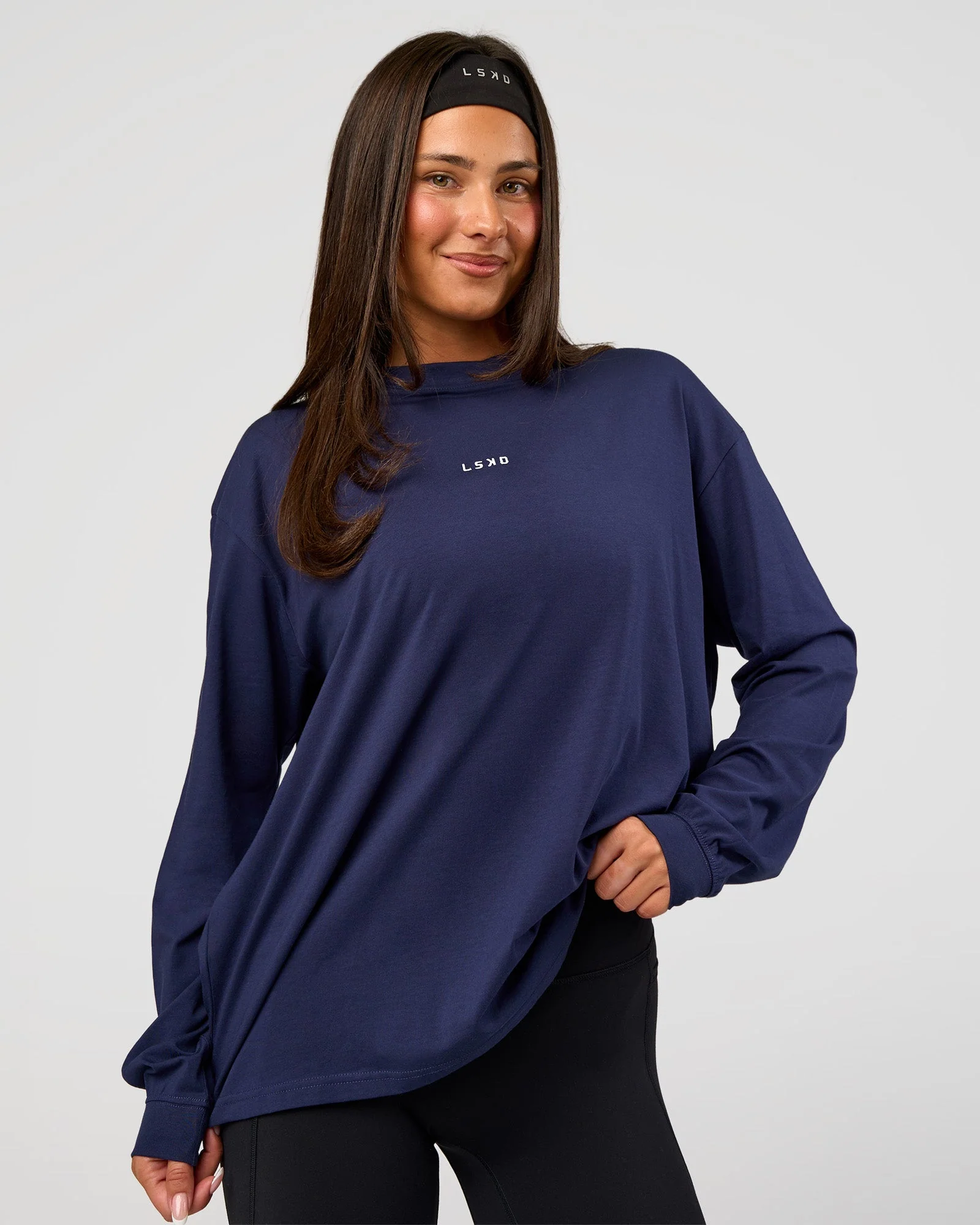 Go-To Long Sleeve FLXCotton Oversized Tee - Future Navy-White