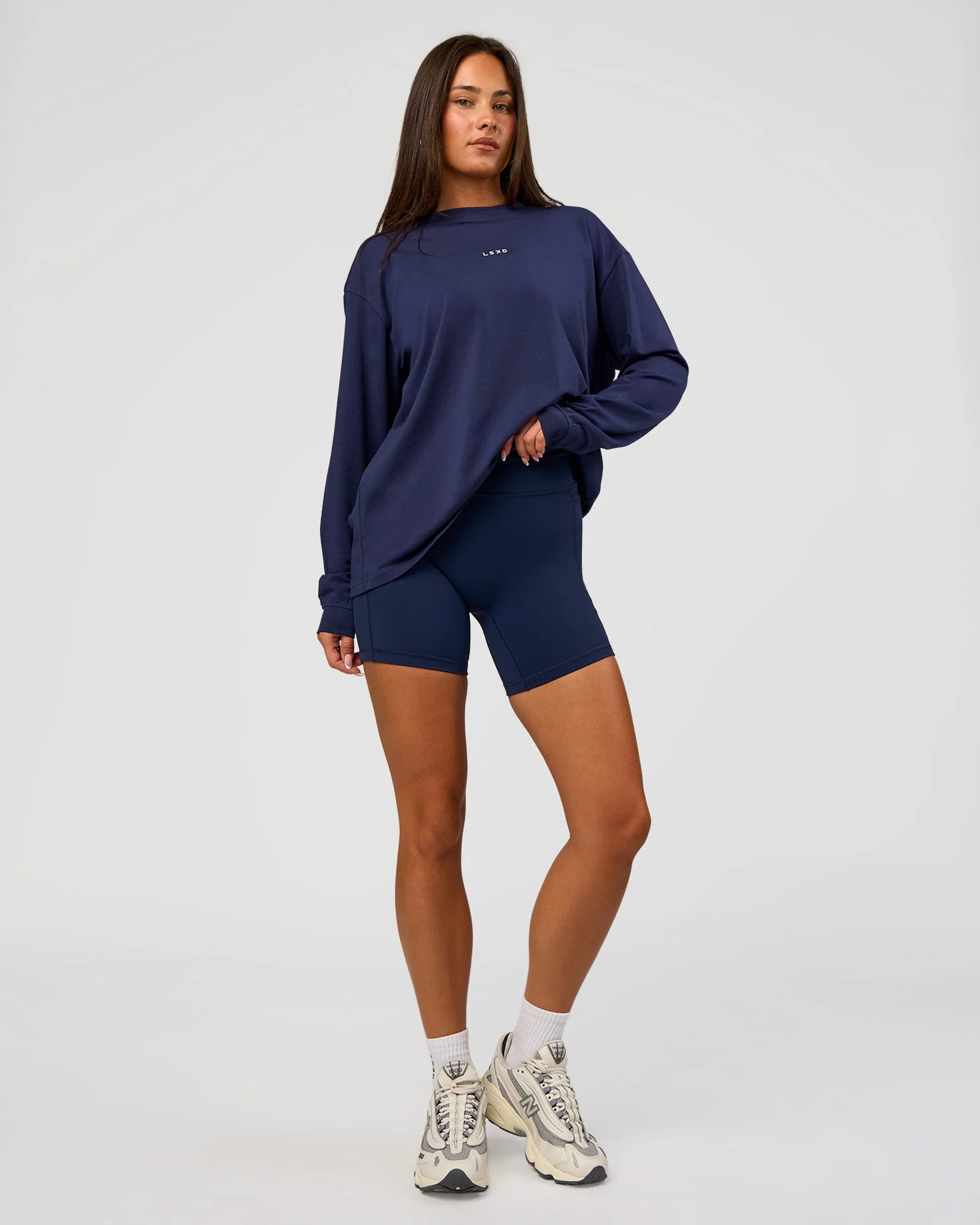 Go-To Long Sleeve FLXCotton Oversized Tee - Future Navy-White - Image 8