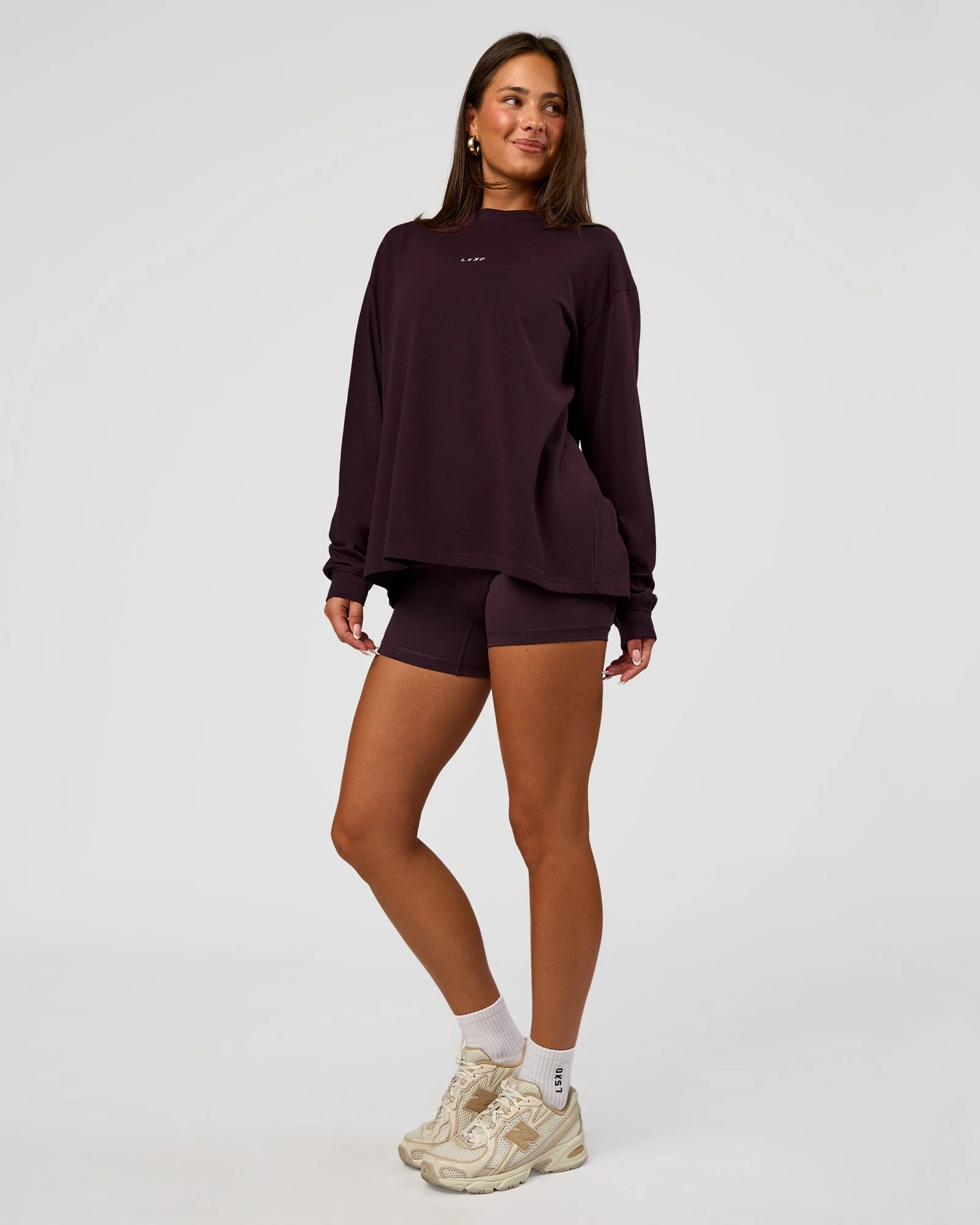 Go-To Long Sleeve FLXCotton Oversized Tee - Midnight Plum-White - Image 5