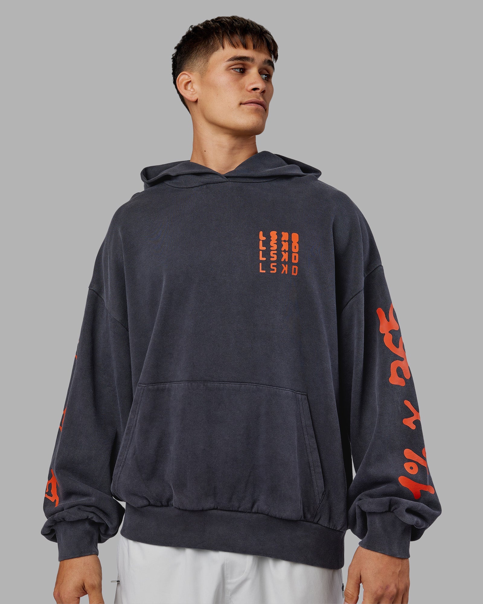 Journey Washed Unisex Oversize Hoodie - Black-Ultra Orange - Image 5