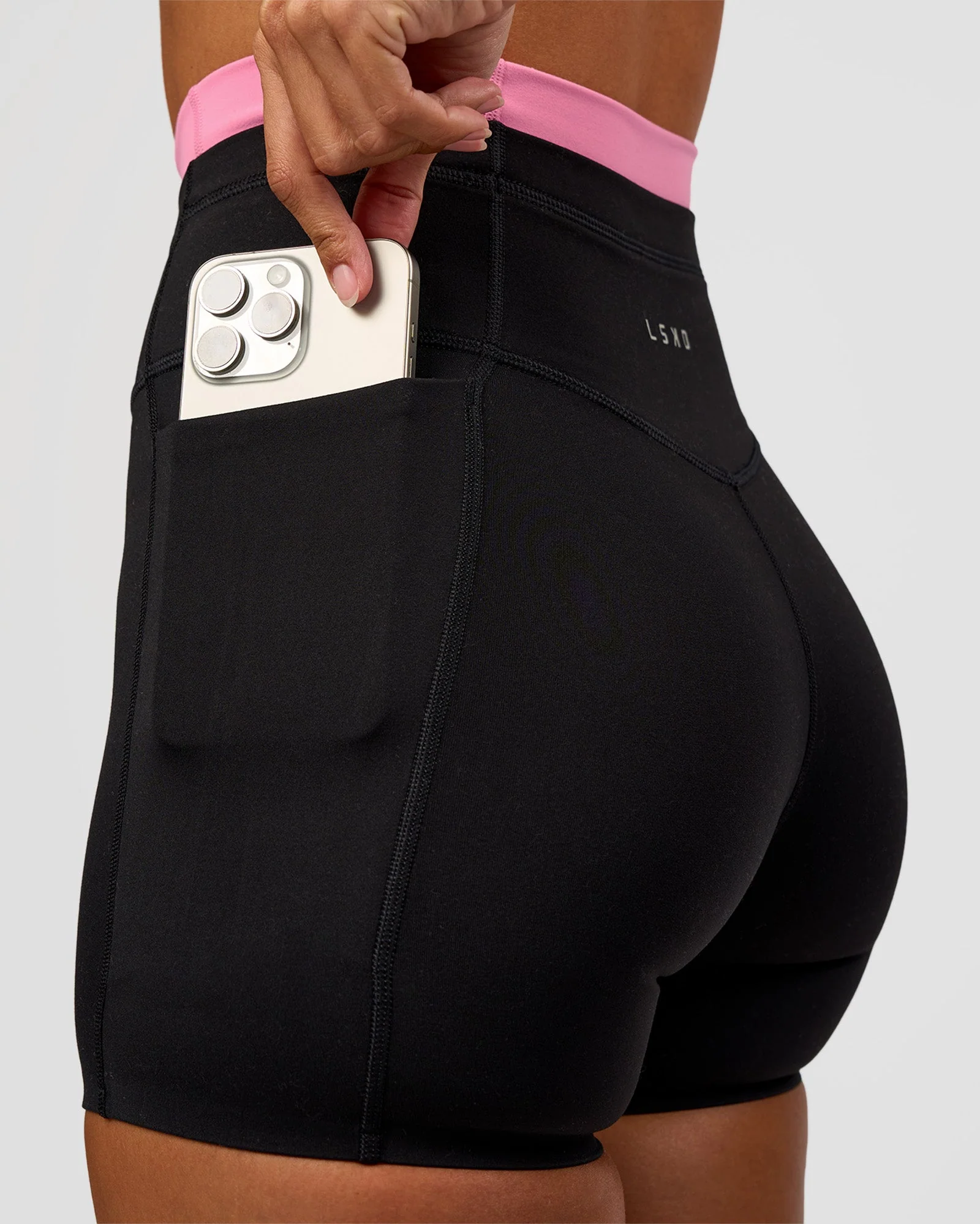 Liberate High-Rise 4" Short Pockets - Black-Candy Pink - Image 2