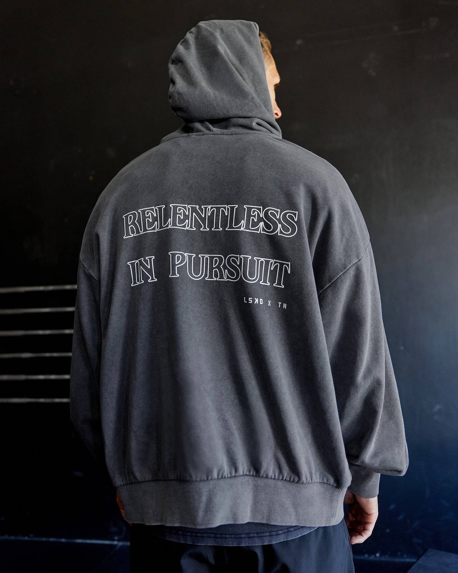 Relentless Washed Zip Through Oversized Hoodie - Dark Storm-White