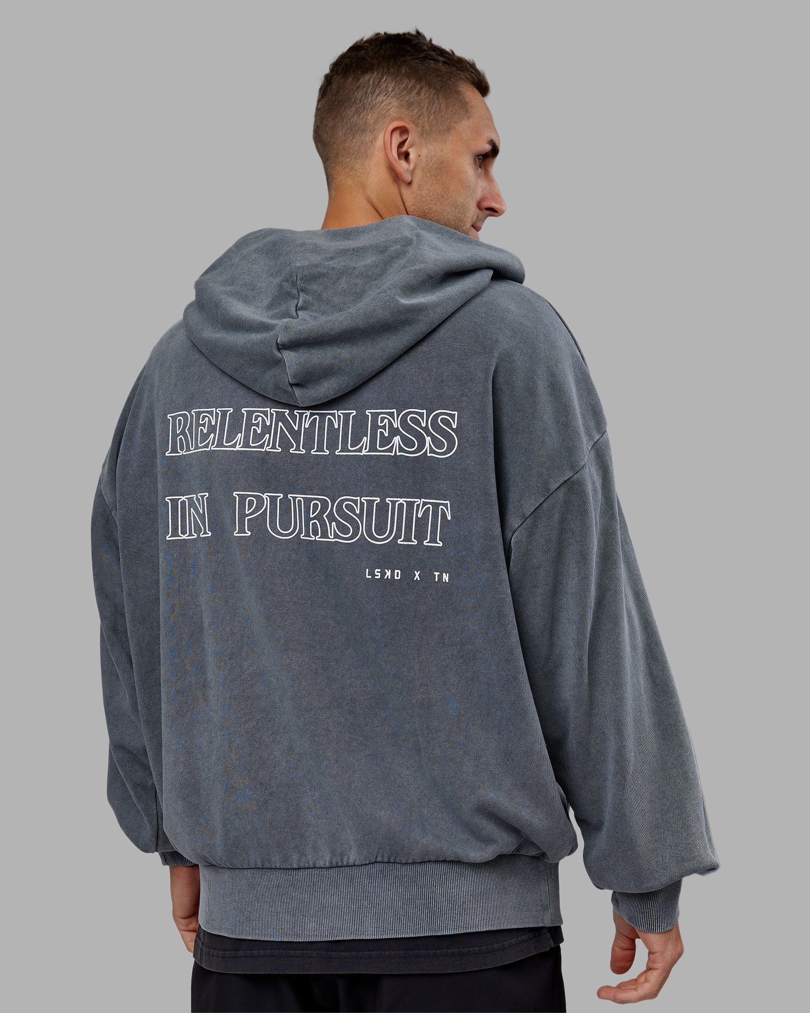 Relentless Washed Zip Through Oversized Hoodie - Dark Storm-White - Image 10