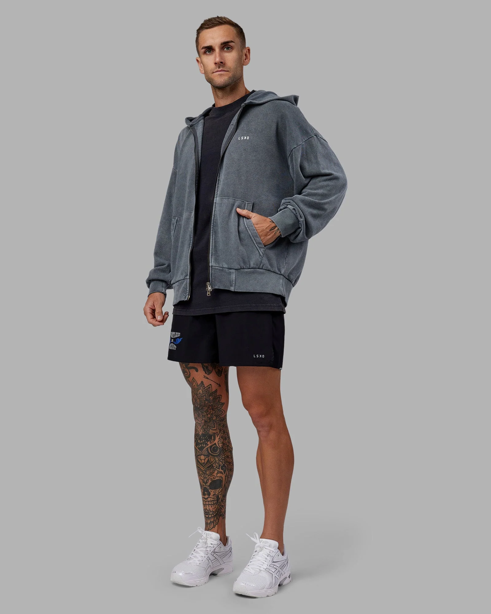 Relentless Washed Zip Through Oversized Hoodie - Dark Storm-White - Image 11