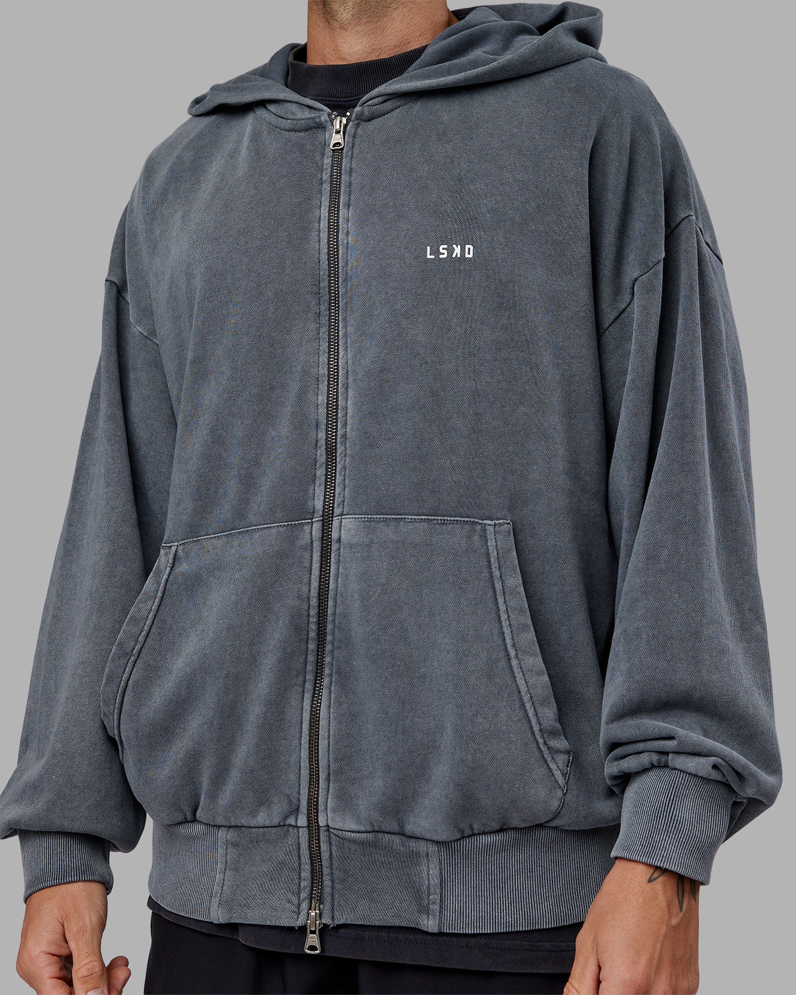 Relentless Washed Zip Through Oversized Hoodie - Dark Storm-White - Image 12