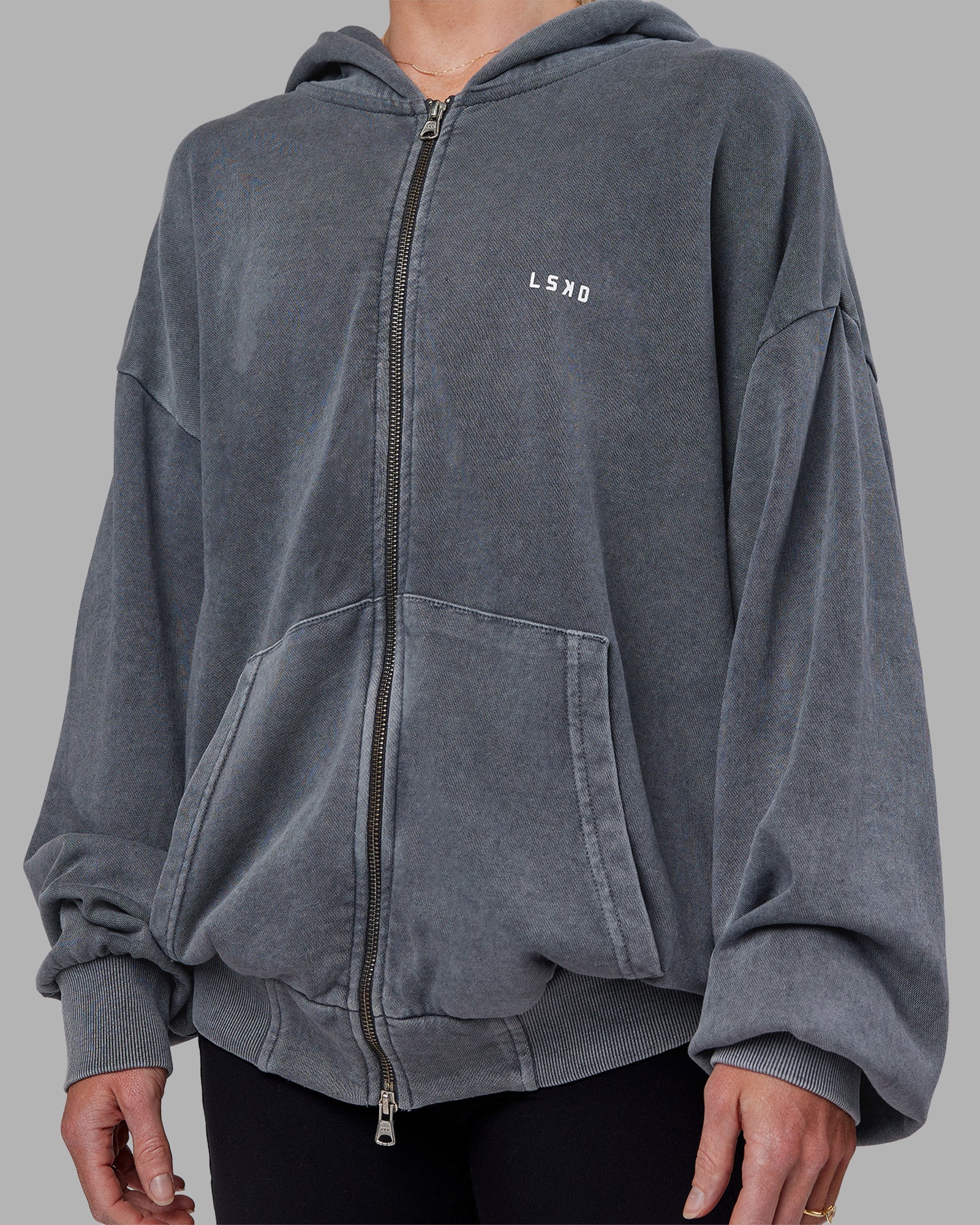 Relentless Washed Zip Through Oversized Hoodie - Dark Storm-White - Image 4
