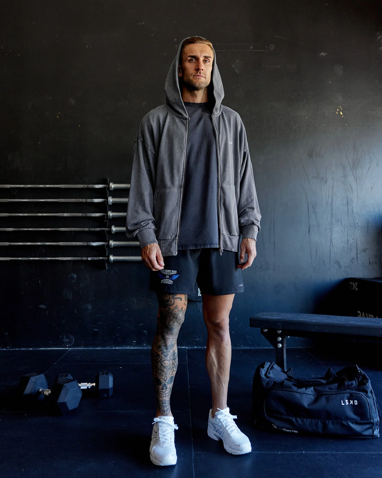 Relentless Washed Zip Through Oversized Hoodie - Dark Storm-White - Image 5