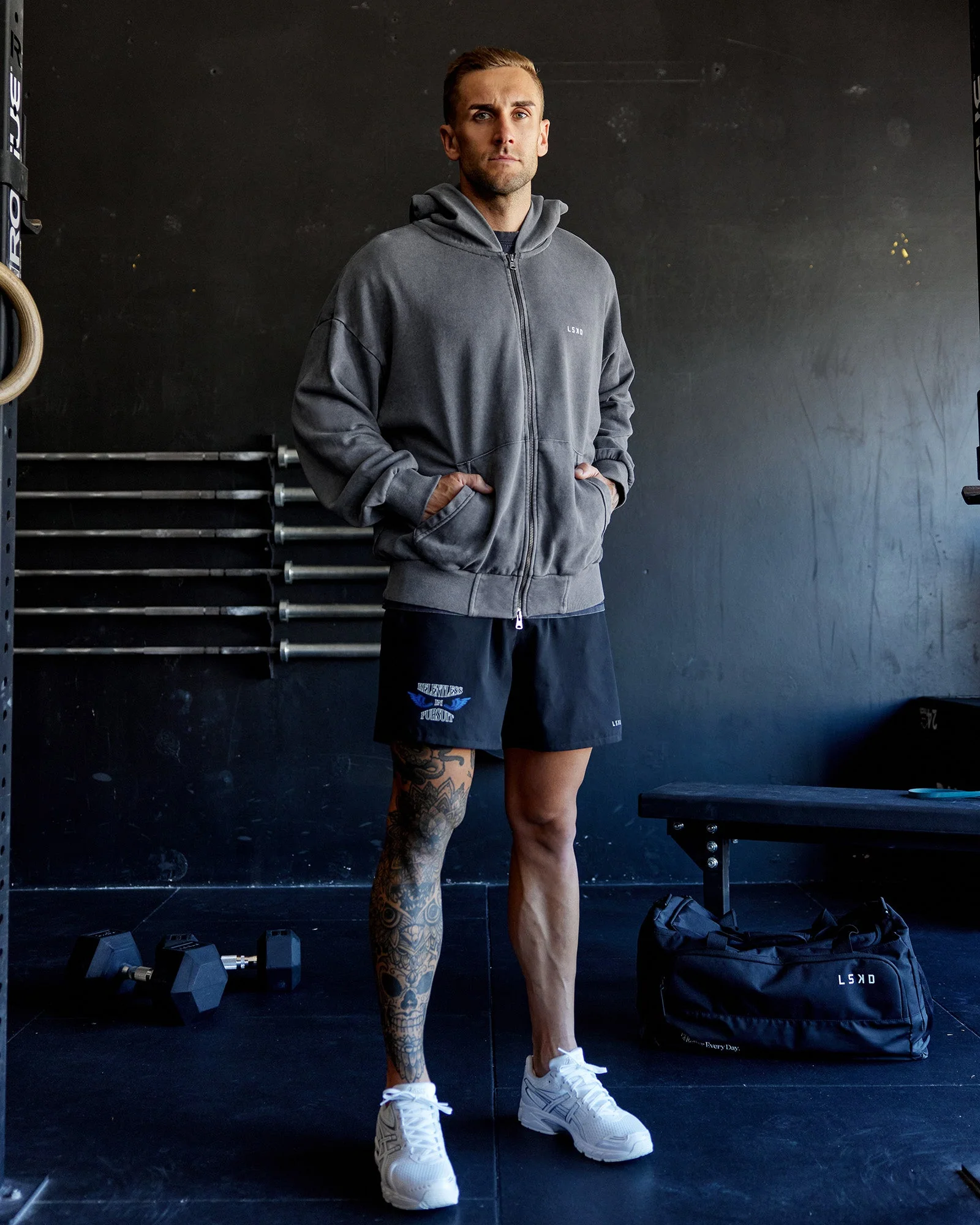 Relentless Washed Zip Through Oversized Hoodie - Dark Storm-White - Image 6