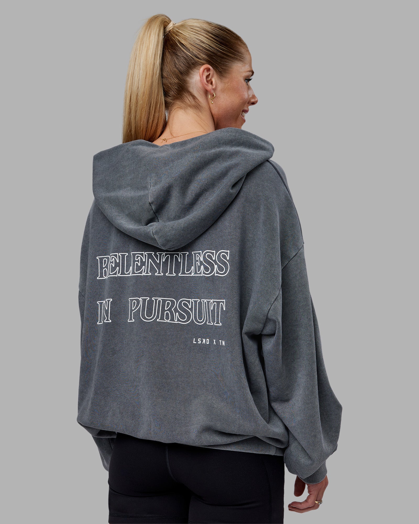 Relentless Washed Zip Through Oversized Hoodie - Dark Storm-White - Image 7