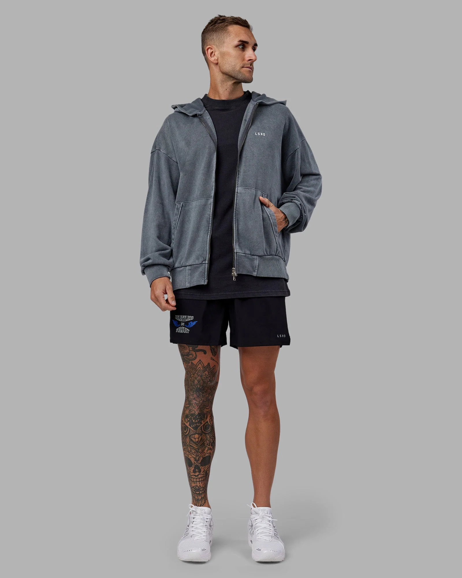 Relentless Washed Zip Through Oversized Hoodie - Dark Storm-White - Image 8