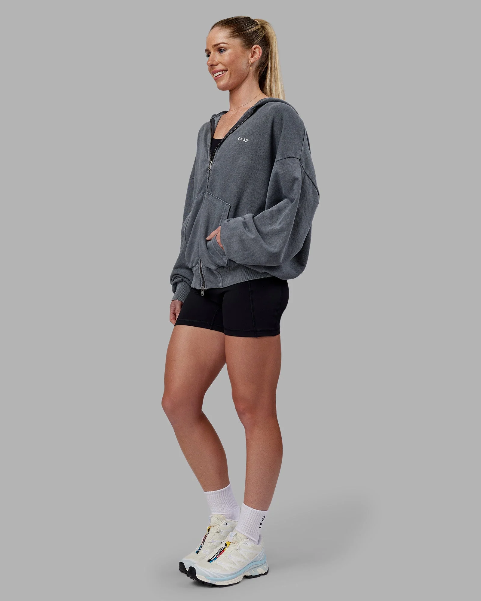 Relentless Washed Zip Through Oversized Hoodie - Dark Storm-White - Image 9