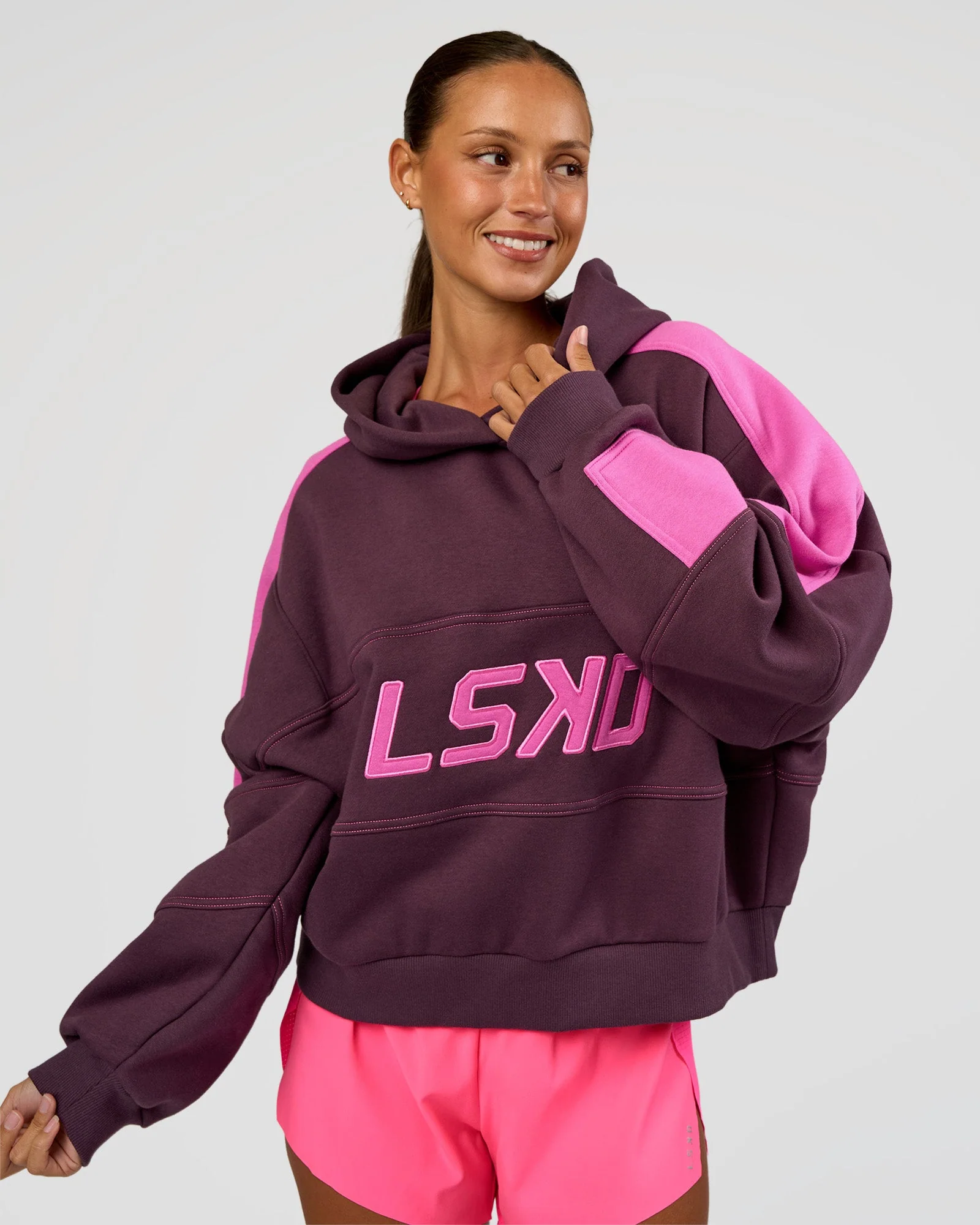Slam Cropped Oversized Hoodie - Midnight Plum-Ultra Fuchsia