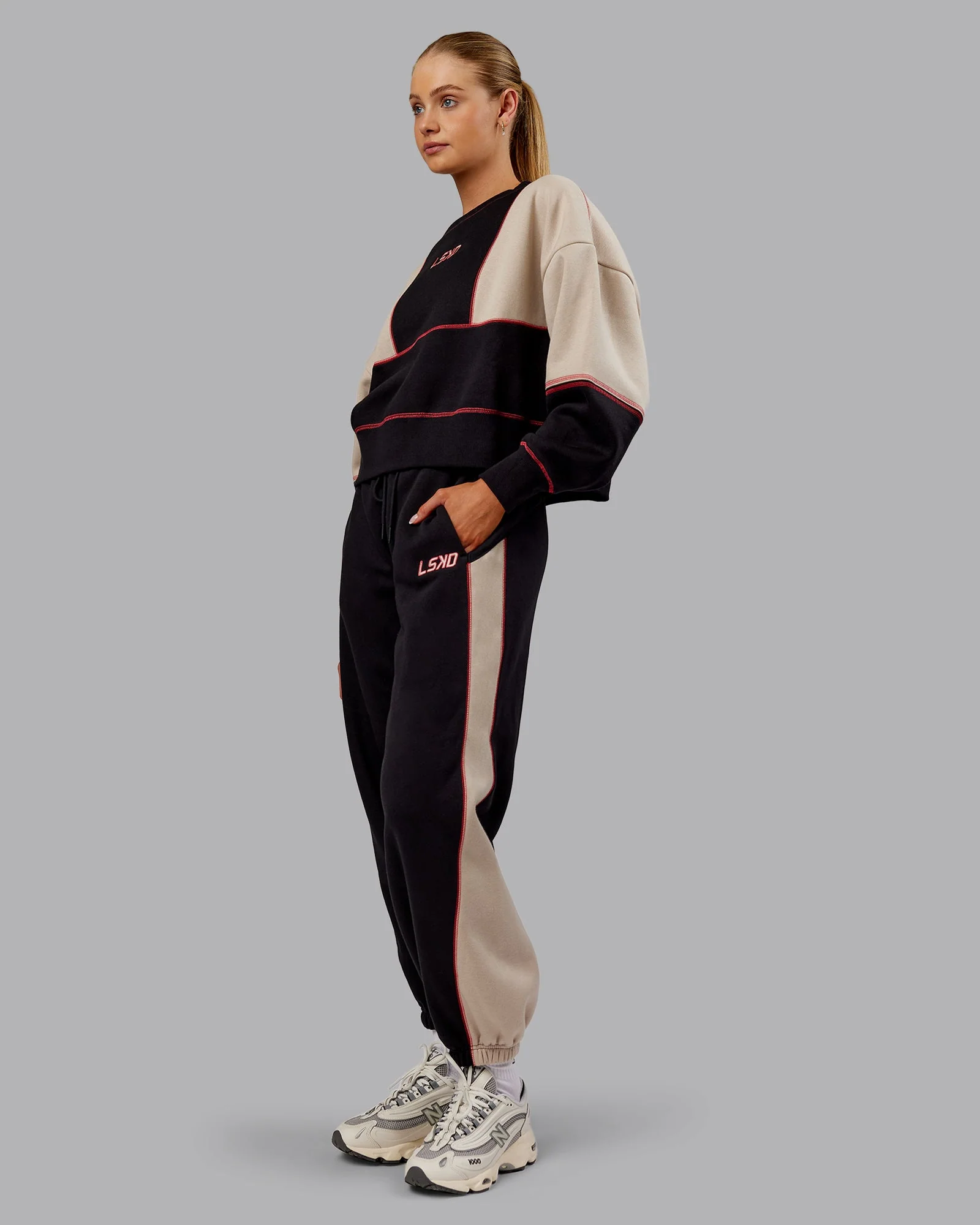Stitch Up Oversized Fleece Sweater - Black-Shale Beige - Image 6