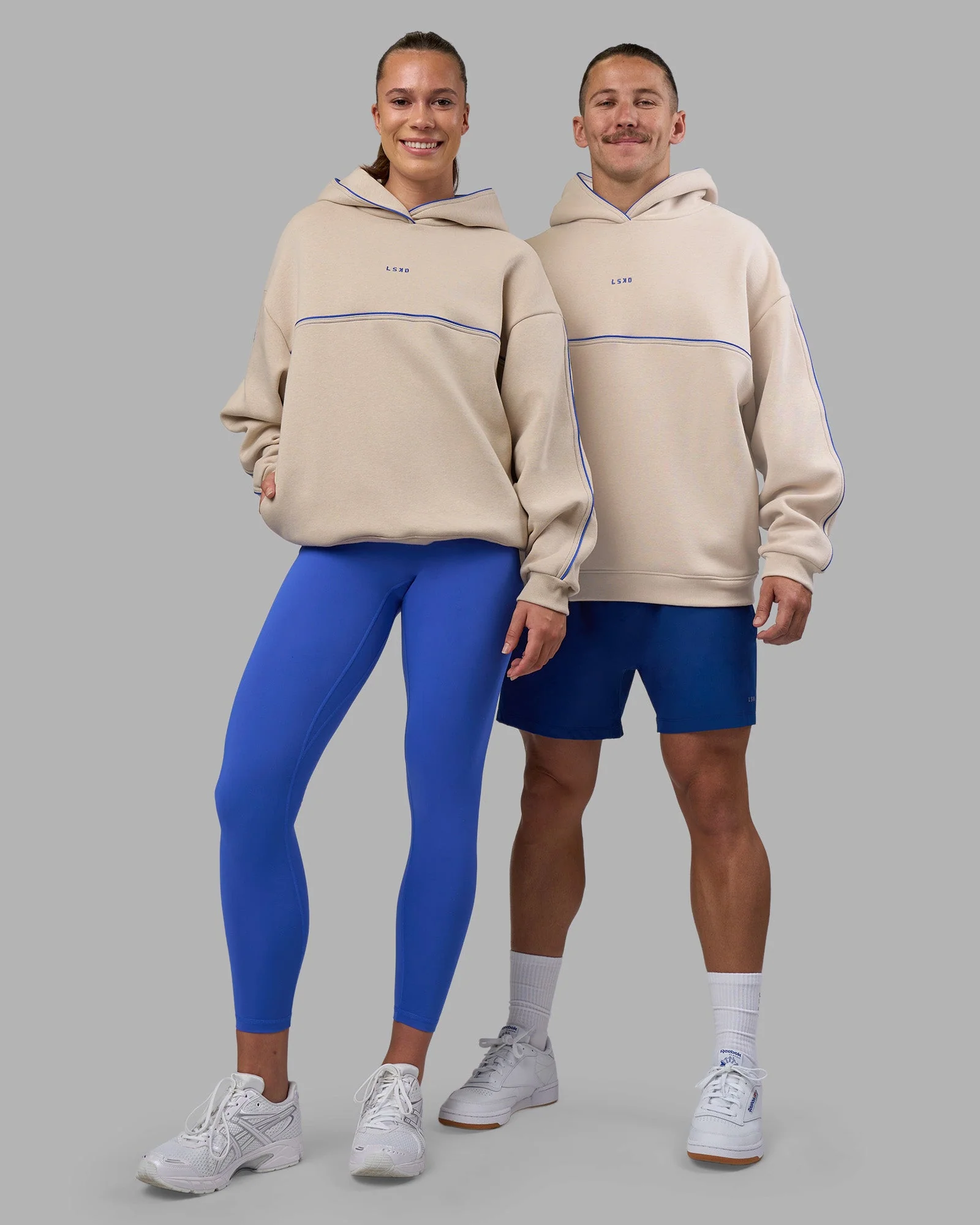 Unisex Oversized Piping Hoodie - Shale Beige-Power Cobalt