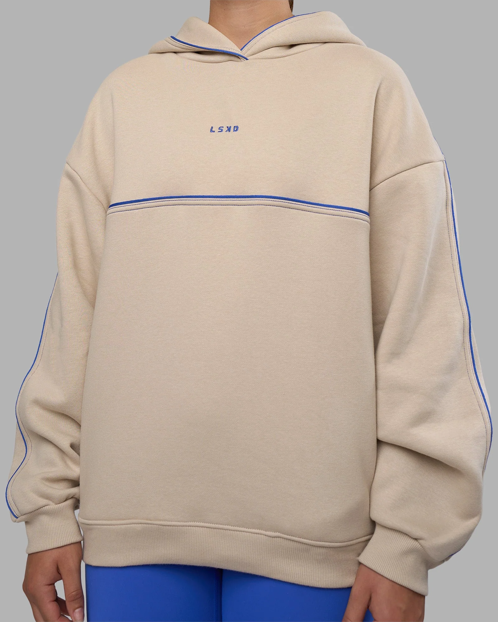 Unisex Oversized Piping Hoodie - Shale Beige-Power Cobalt - Image 10