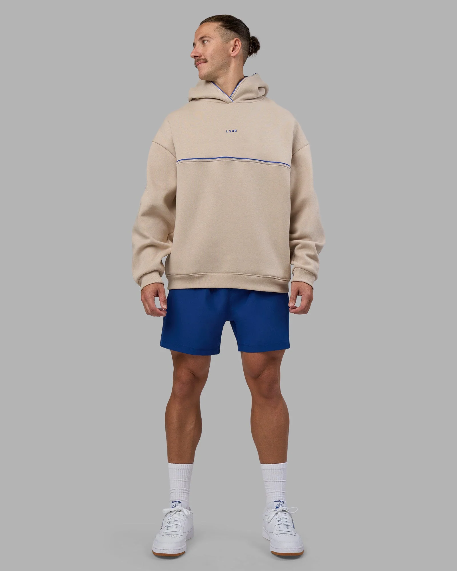 Unisex Oversized Piping Hoodie - Shale Beige-Power Cobalt - Image 11