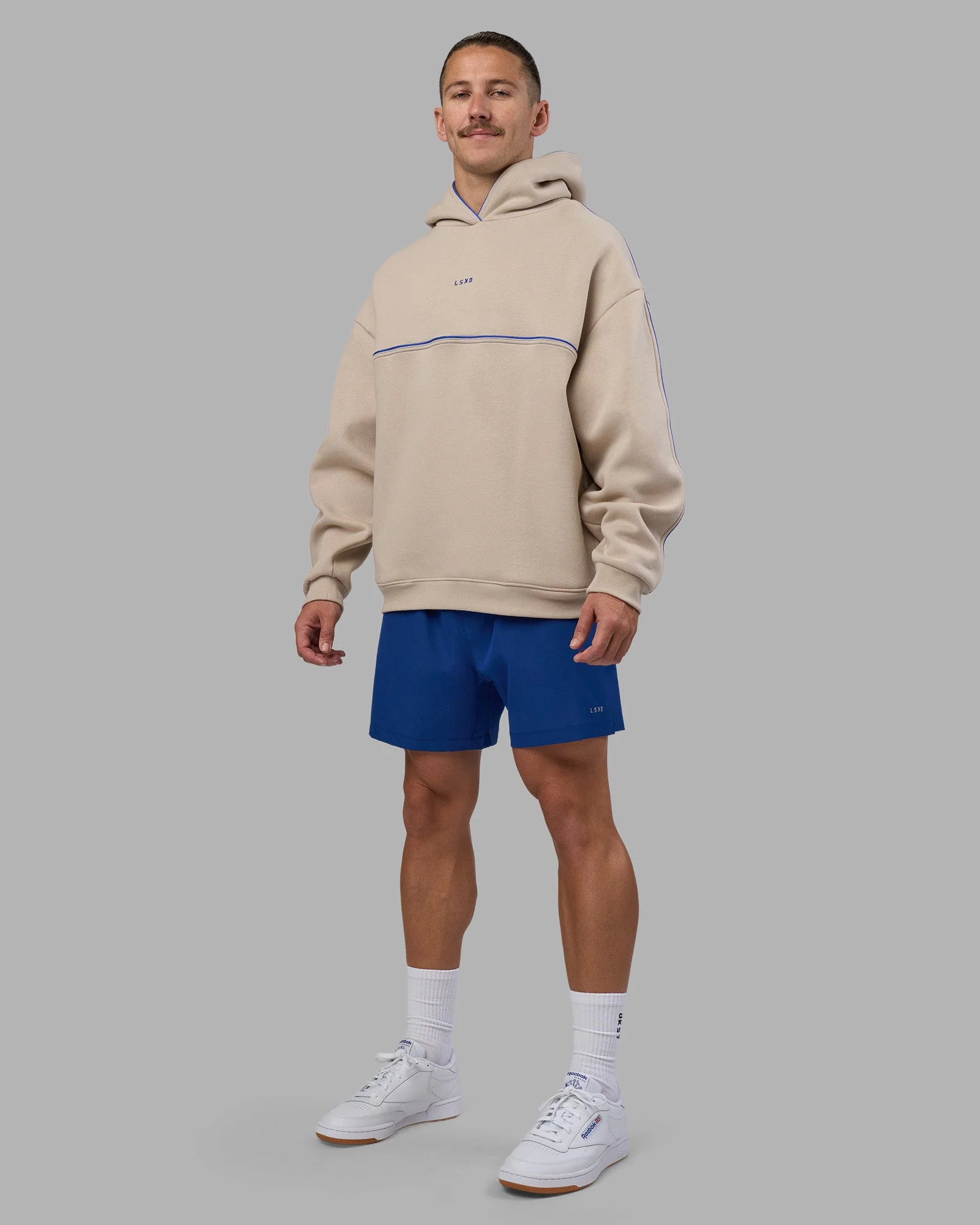 Unisex Oversized Piping Hoodie - Shale Beige-Power Cobalt - Image 12