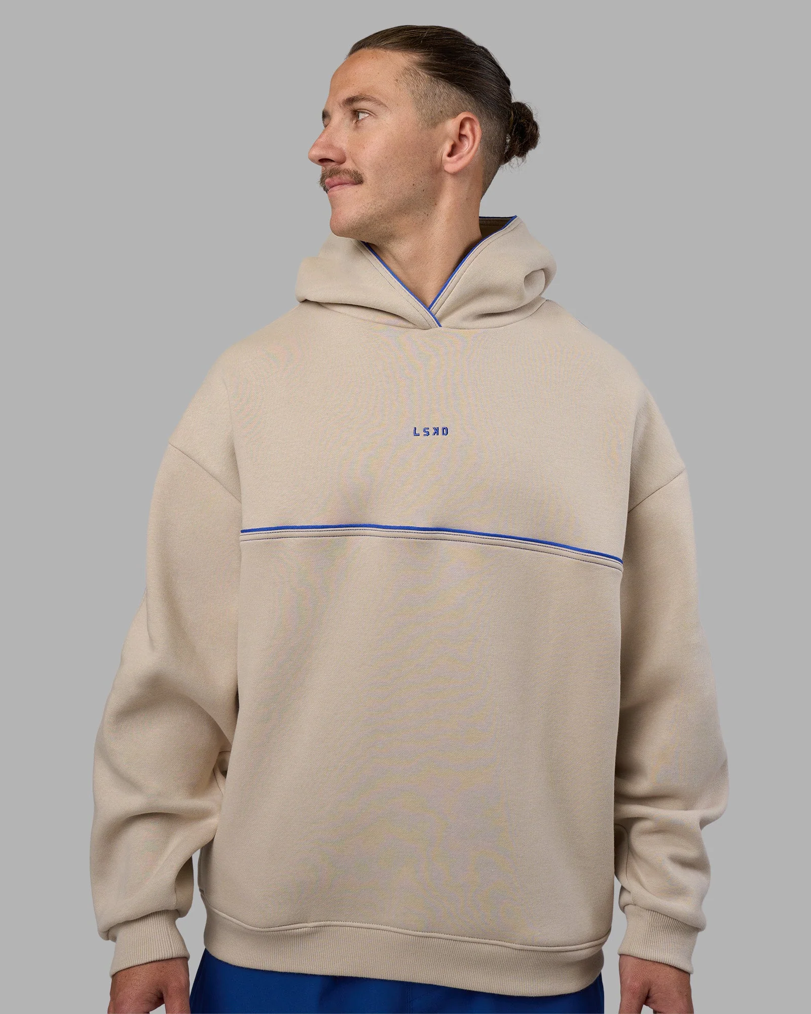Unisex Oversized Piping Hoodie - Shale Beige-Power Cobalt - Image 13