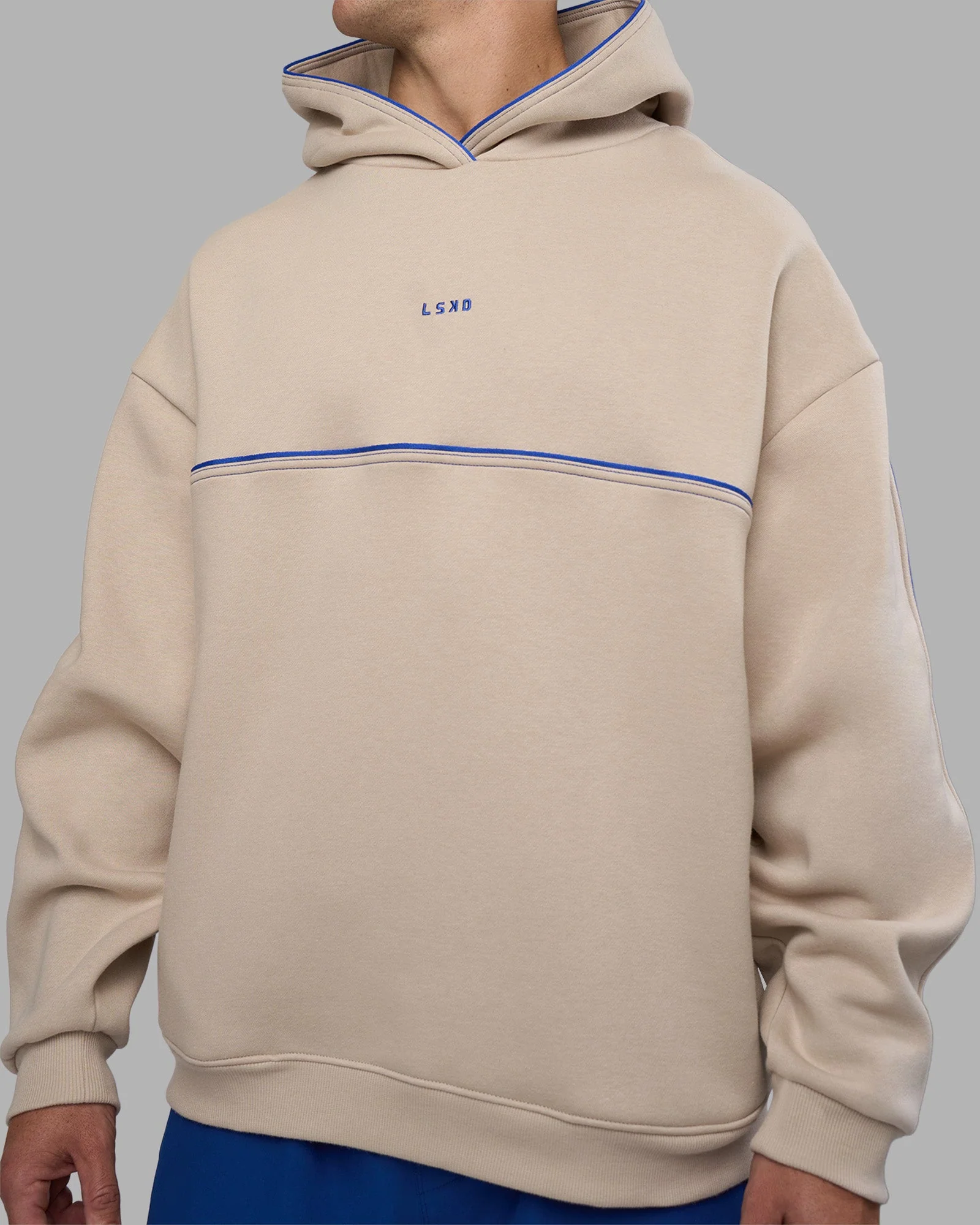 Unisex Oversized Piping Hoodie - Shale Beige-Power Cobalt - Image 2