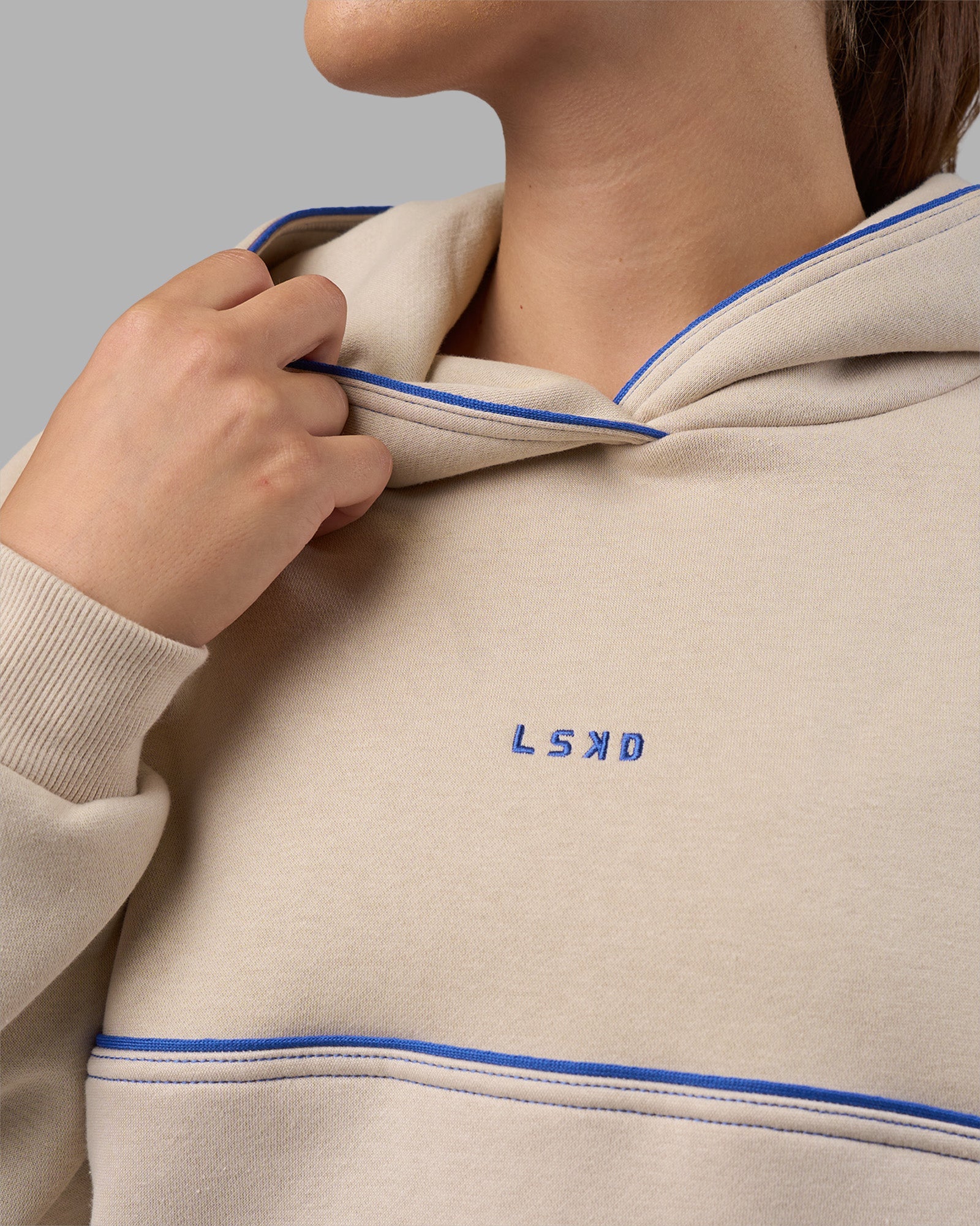 Unisex Oversized Piping Hoodie - Shale Beige-Power Cobalt - Image 3