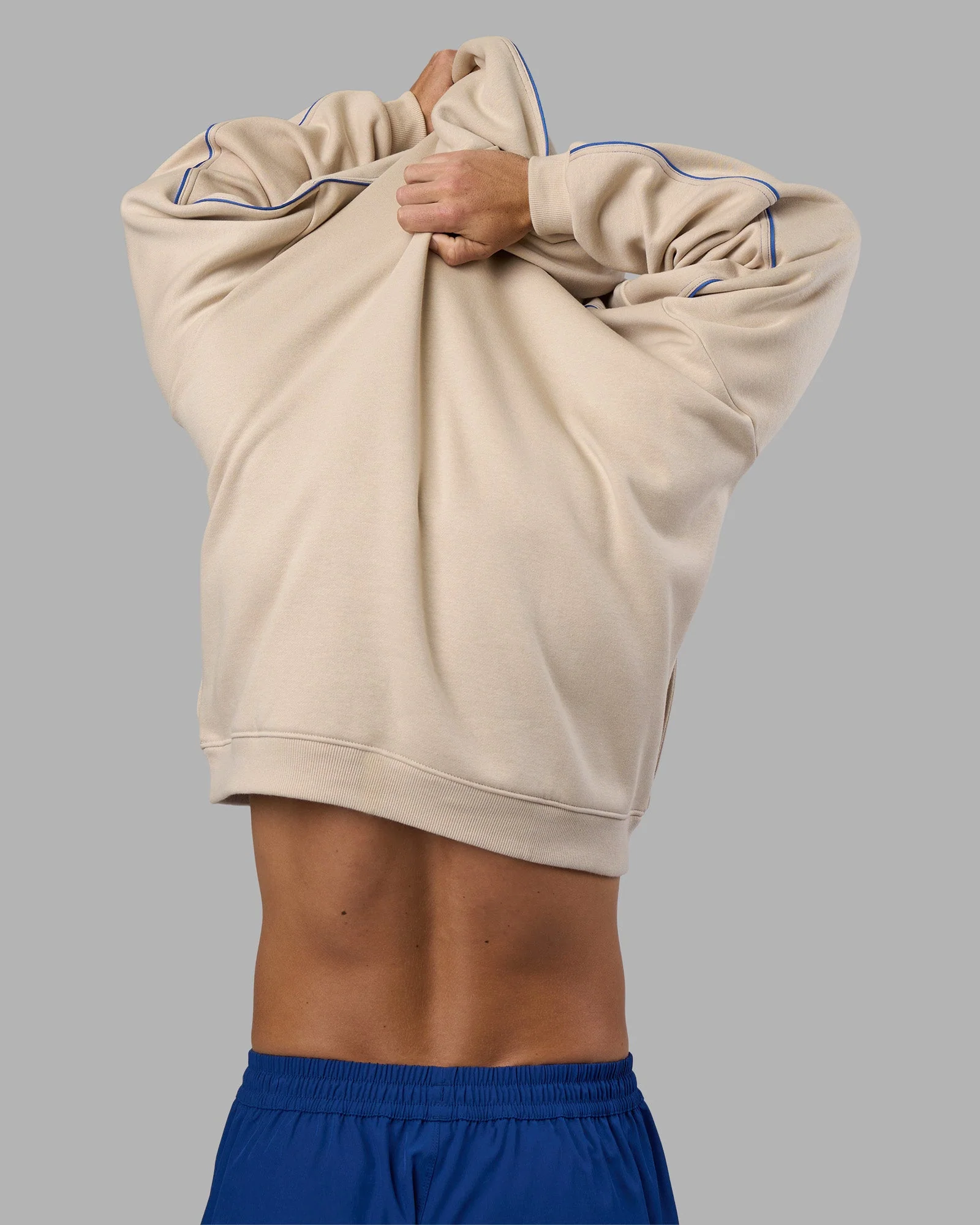 Unisex Oversized Piping Hoodie - Shale Beige-Power Cobalt - Image 5