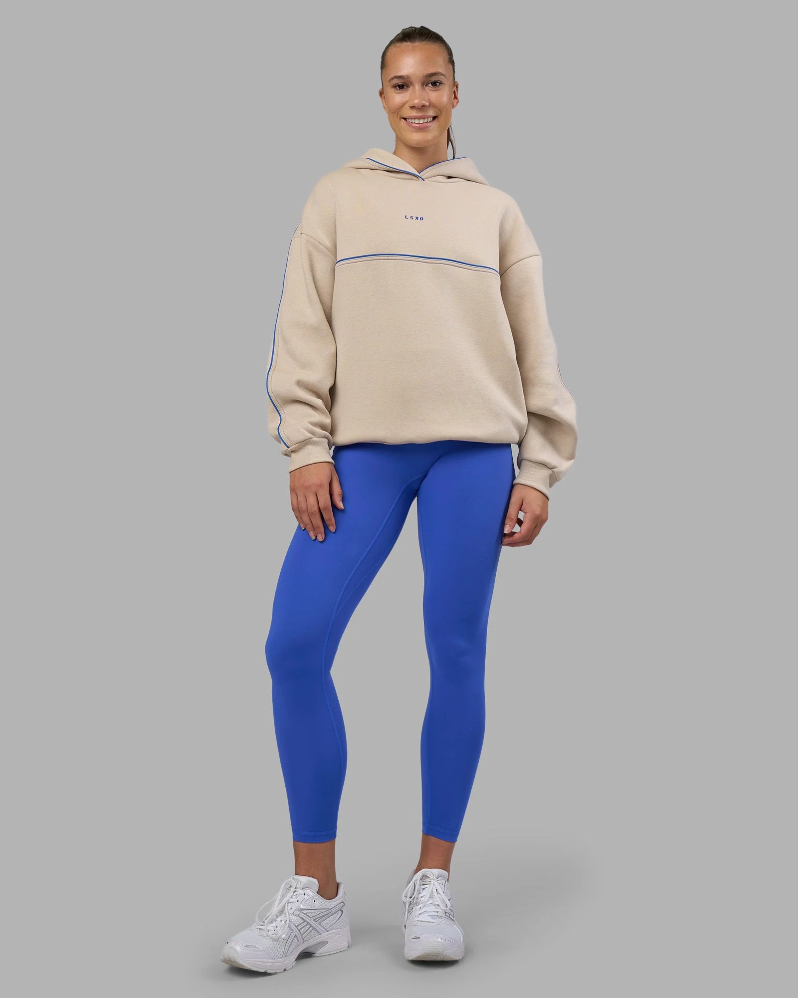 Unisex Oversized Piping Hoodie - Shale Beige-Power Cobalt - Image 6