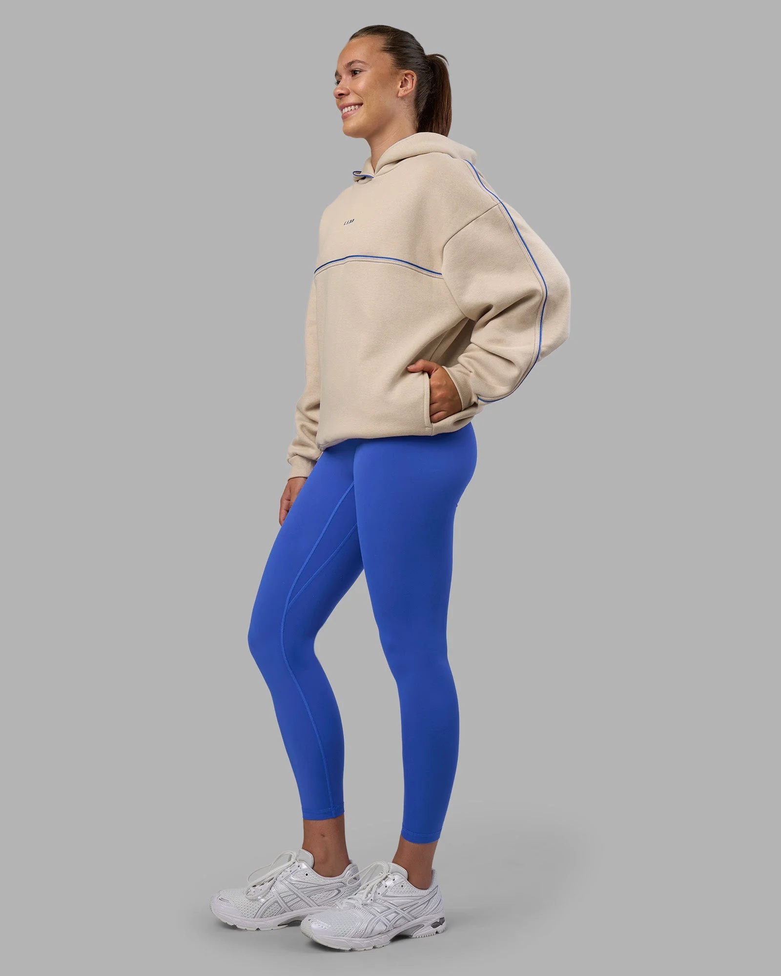 Unisex Oversized Piping Hoodie - Shale Beige-Power Cobalt - Image 7