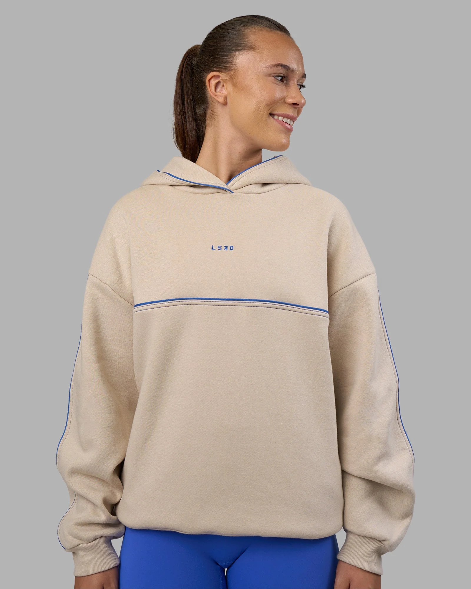Unisex Oversized Piping Hoodie - Shale Beige-Power Cobalt - Image 8