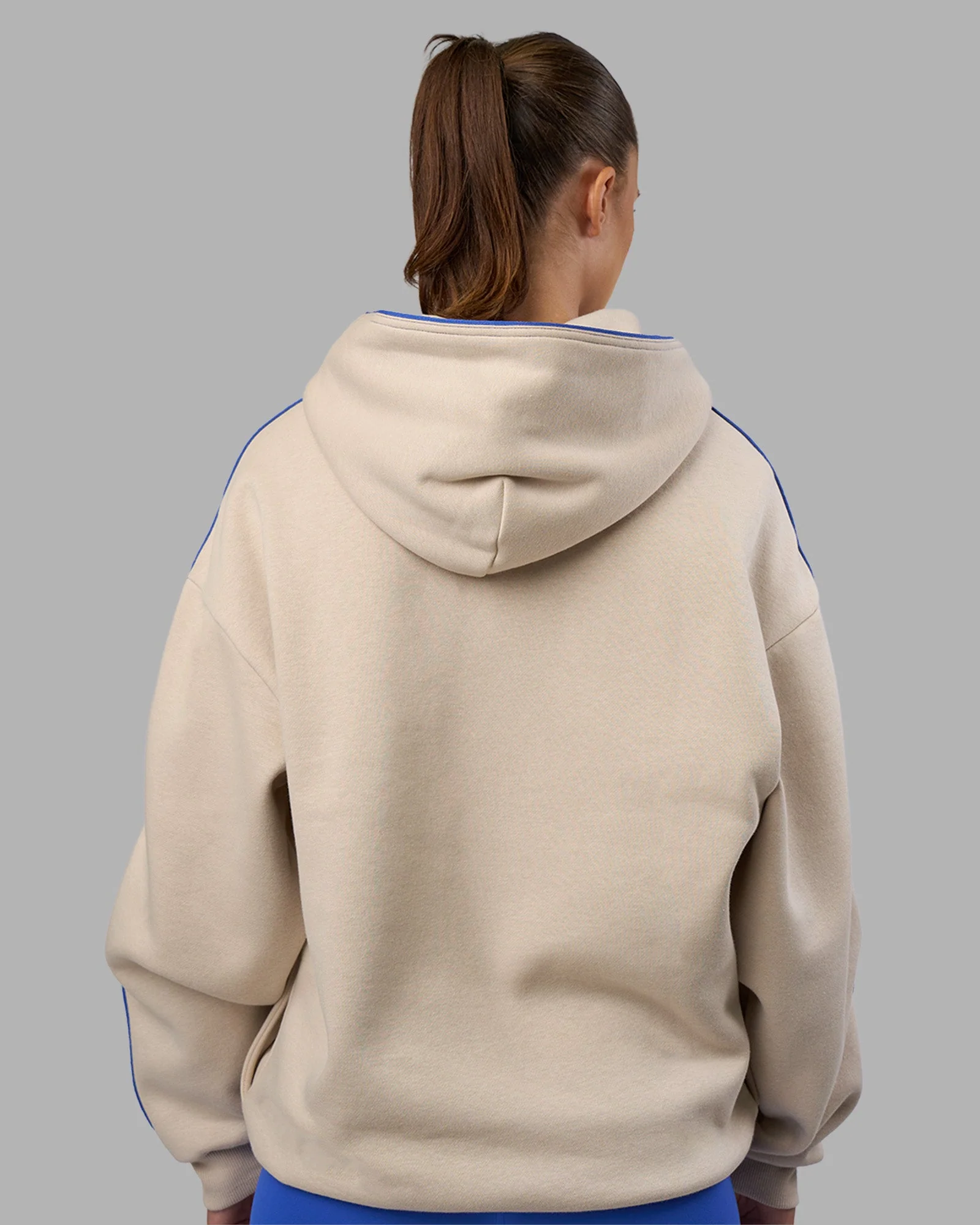 Unisex Oversized Piping Hoodie - Shale Beige-Power Cobalt - Image 9