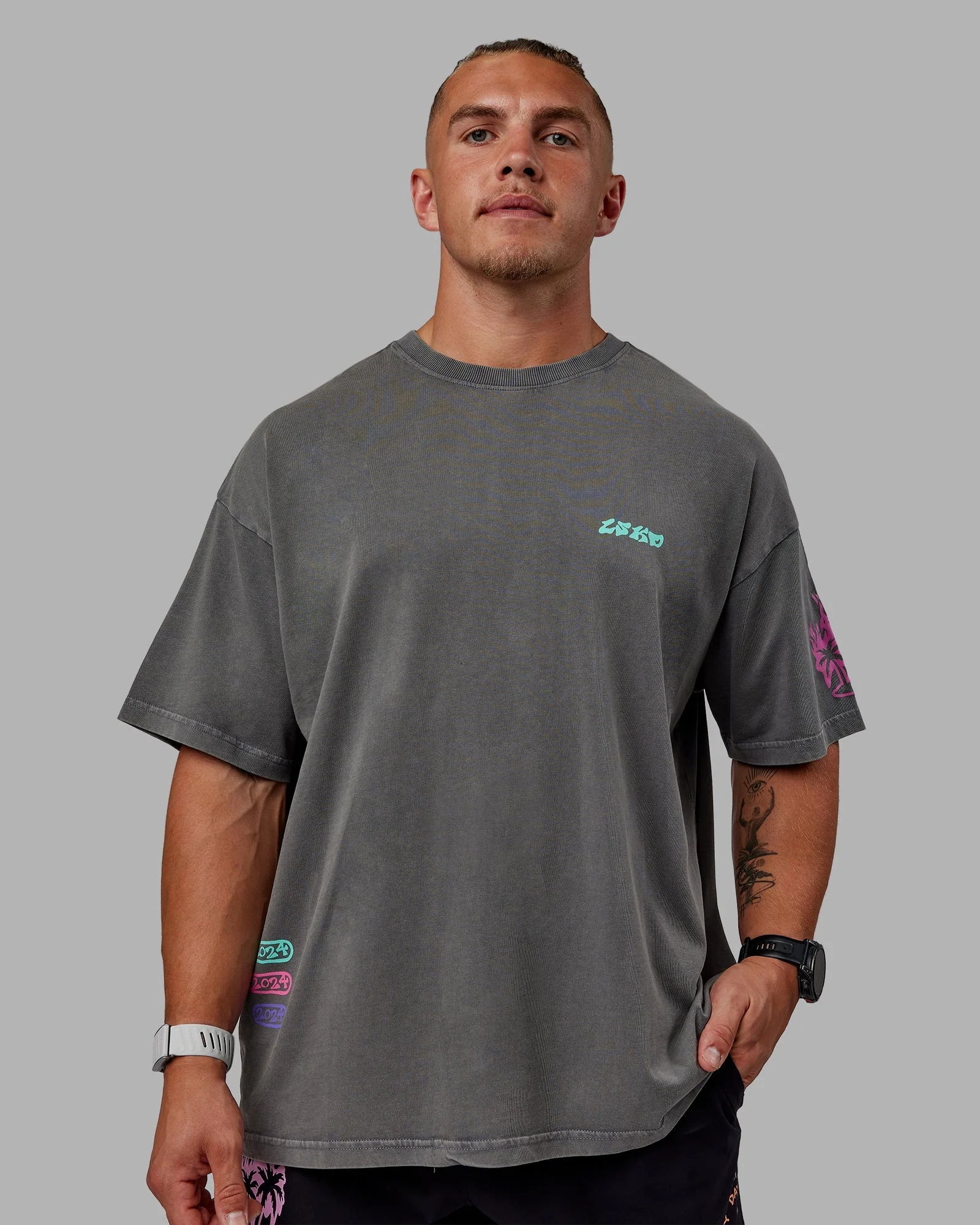 Washed Huntington 24 Heavyweight Oversize Tee - Charcoal-Dahlia Purple - Image 3